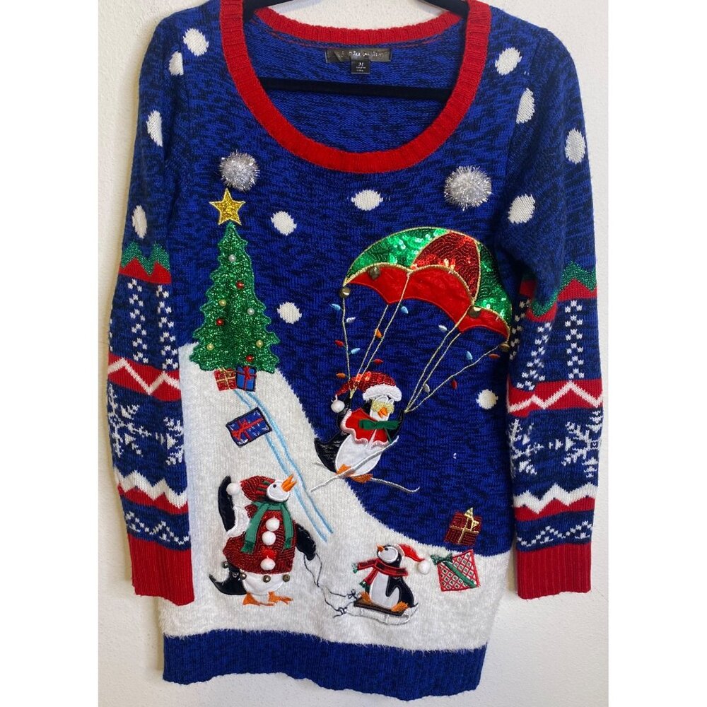 United States Sweater Christmas Penguin Blue Ski Long Sleeve Tunic MEDIUM